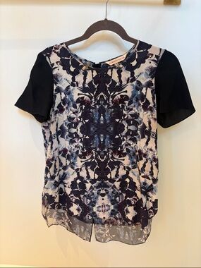 Rebecca Taylor Navy & Black Floral Mirror-Print Short Sleeve Blouse